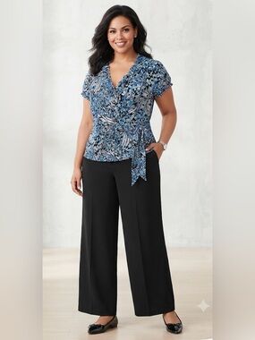 East 5th Blue Floral Wrap Blouse with Ruffle Detail